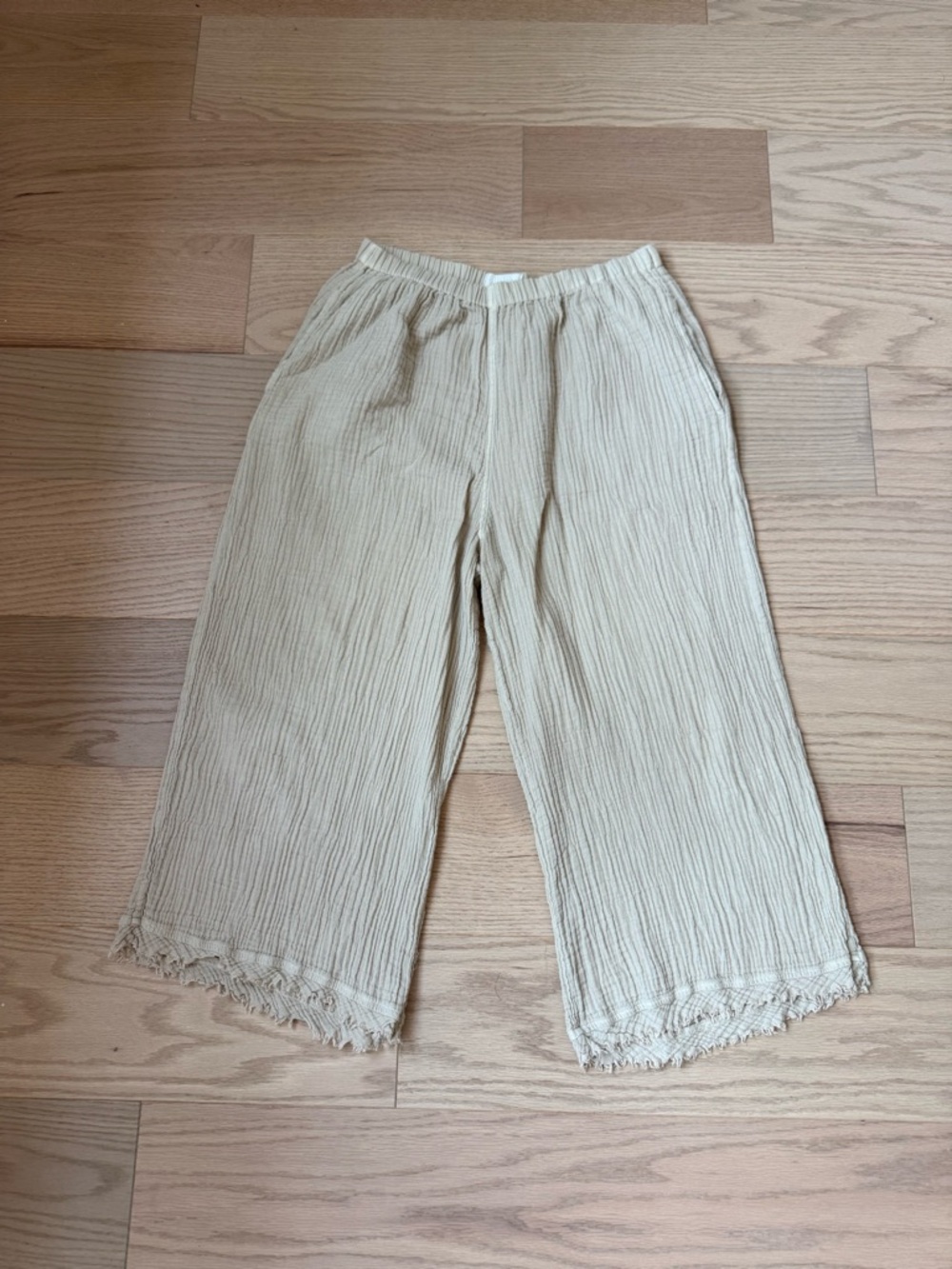 Honest Cotton Light Beige Cropped Gauze Pants with Elastic Waist